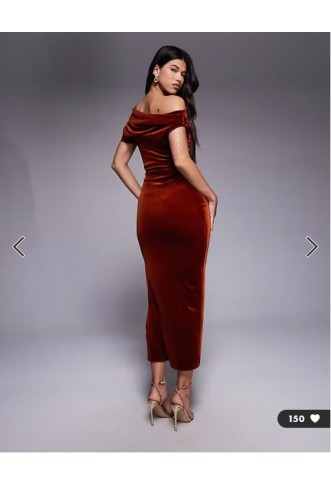ASOS DESIGN velvet midi dress with fallen shoulder in rust