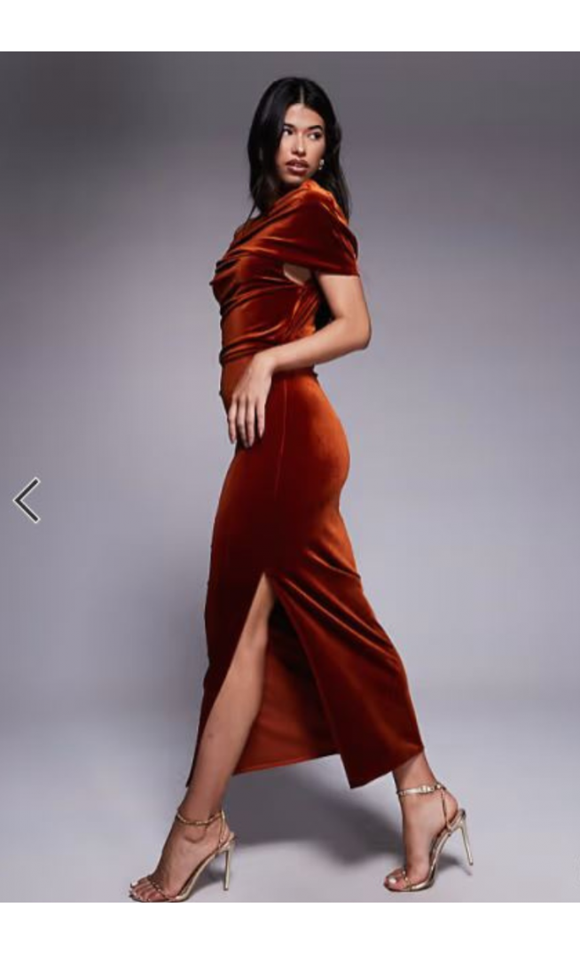 ASOS DESIGN velvet midi dress with fallen shoulder in rust