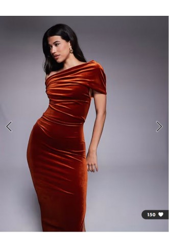 ASOS DESIGN velvet midi dress with fallen shoulder in rust