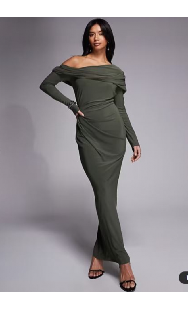 ASOS DESIGN Petite slinky long sleeve fallen shoulder with drape and ruching detail maxi dress in khaki