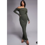 ASOS DESIGN Petite slinky long sleeve fallen shoulder with drape and ruching detail maxi dress in khaki