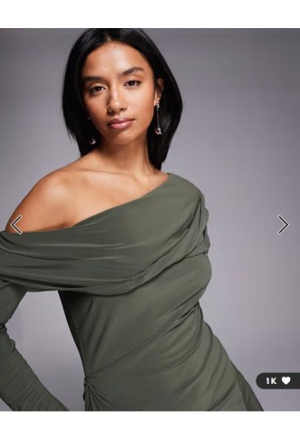 ASOS DESIGN Petite slinky long sleeve fallen shoulder with drape and ruching detail maxi dress in khaki