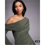 ASOS DESIGN Petite slinky long sleeve fallen shoulder with drape and ruching detail maxi dress in khaki