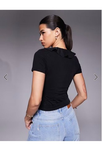 ASOS DESIGN semi sheer short sleeve v neck ruffle front top in black