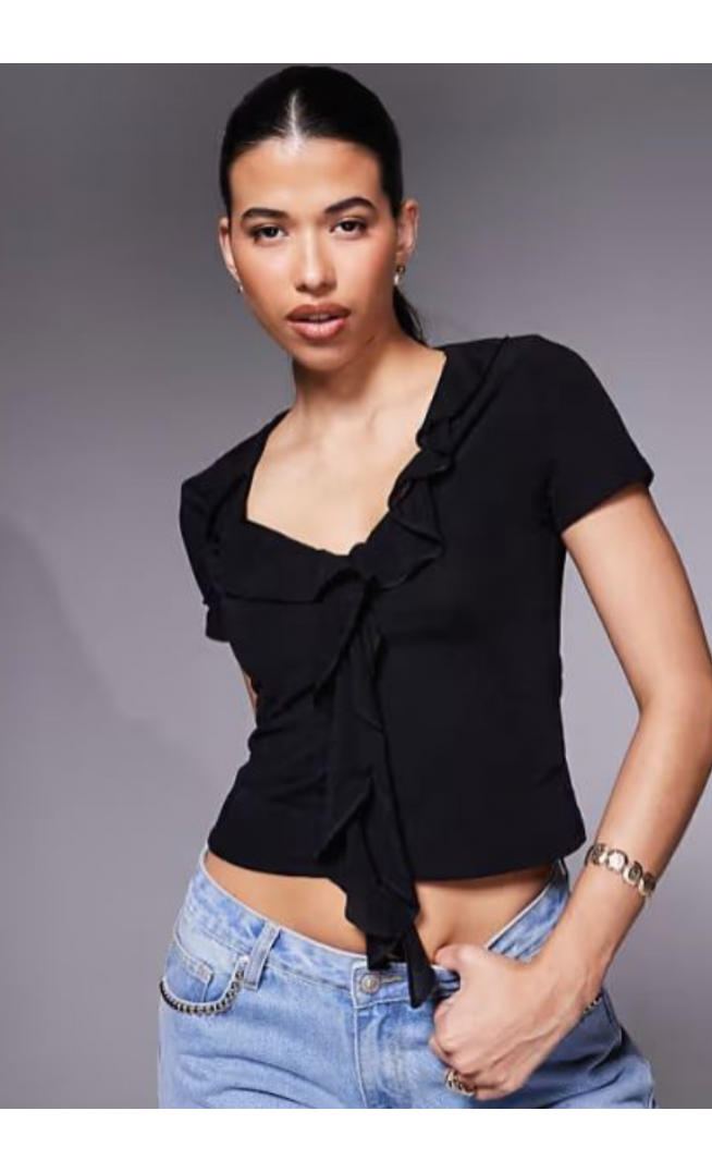 ASOS DESIGN semi sheer short sleeve v neck ruffle front top in black
