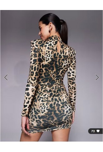 Ruched & Ready Eyes On You removable shoulder pad detail high neck long sleeve sculpting mini dress in leopard print