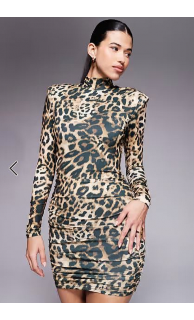 Ruched & Ready Eyes On You removable shoulder pad detail high neck long sleeve sculpting mini dress in leopard print