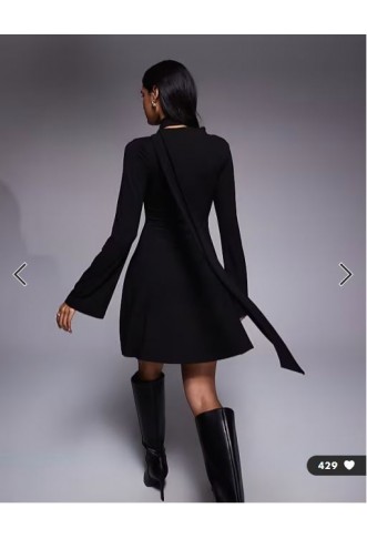 ASOS DESIGN flute sleeve mini dress with scarf detail in black