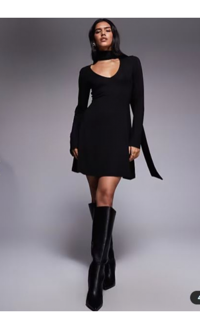 ASOS DESIGN flute sleeve mini dress with scarf detail in black