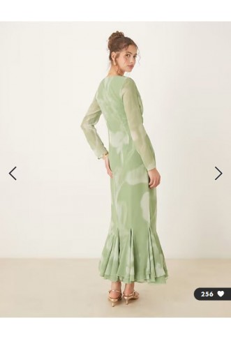 ASOS DESIGN cowl neck maxi dress with godet hem in blurred green print