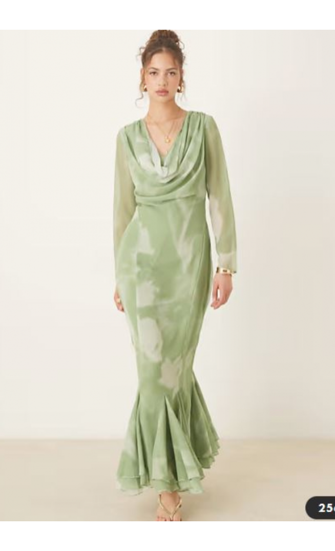 ASOS DESIGN cowl neck maxi dress with godet hem in blurred green print