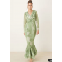 ASOS DESIGN cowl neck maxi dress with godet hem in blurred green print