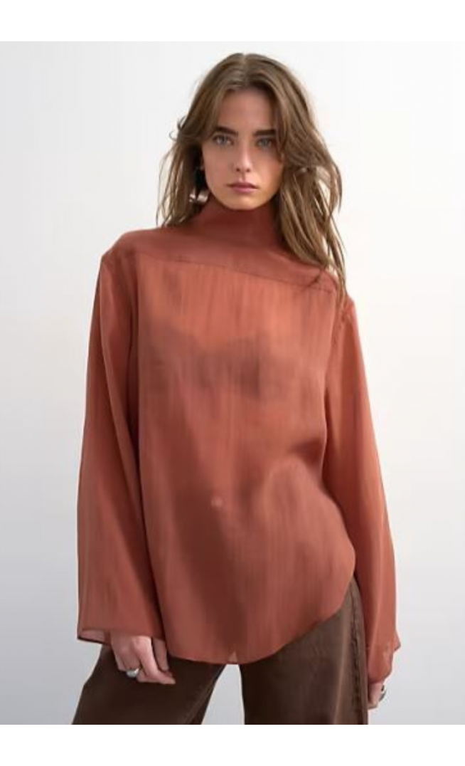 Topshop funnel neck backwards long sleeve shirt in rust