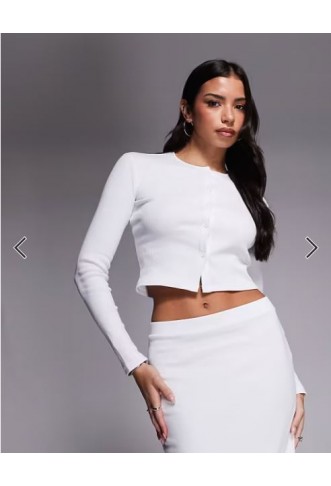 The Frolic exclusive ribbed button through long sleeve top and maxi column skirt co-ord in white