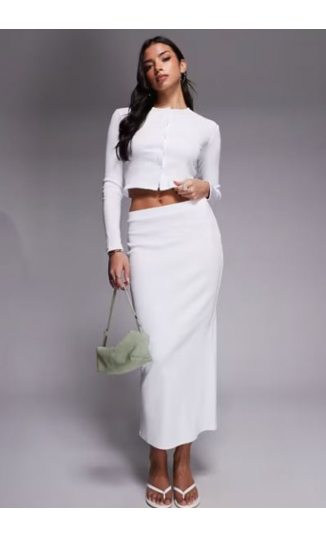 The Frolic exclusive ribbed button through long sleeve top and maxi column skirt co-ord in white