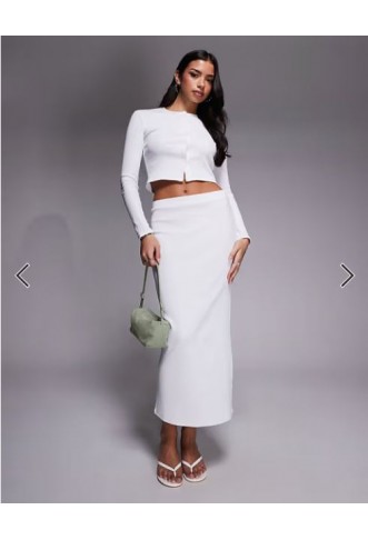 The Frolic exclusive ribbed button through long sleeve top and maxi column skirt co-ord in white