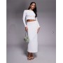 The Frolic exclusive ribbed button through long sleeve top and maxi column skirt co-ord in white