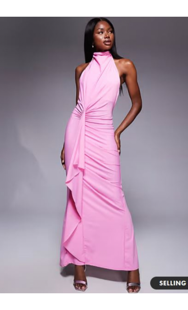 ASOS DESIGN sculpting jersey high neck drape ruffle maxi dress in rose