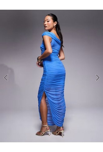 Ever New Petite mesh ruched asymmetric midaxi dress in deep blue