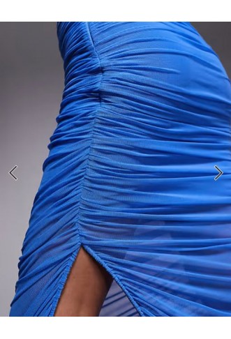 Ever New Petite mesh ruched asymmetric midaxi dress in deep blue