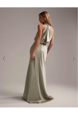ASOS DESIGN Bridesmaid satin ruched halter neck maxi dress in sage green