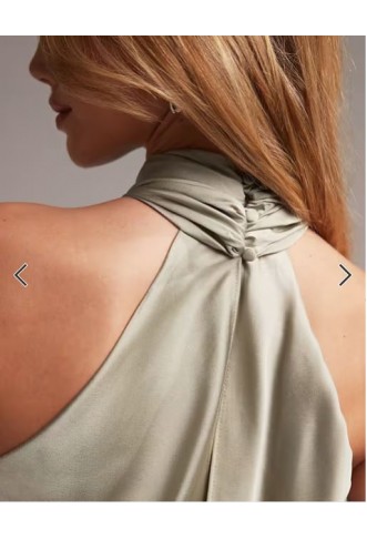 ASOS DESIGN Bridesmaid satin ruched halter neck maxi dress in sage green