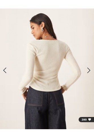 ASOS DESIGN Supersoft asymmetric neck waist detail long sleeve top in white