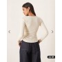 ASOS DESIGN Supersoft asymmetric neck waist detail long sleeve top in white