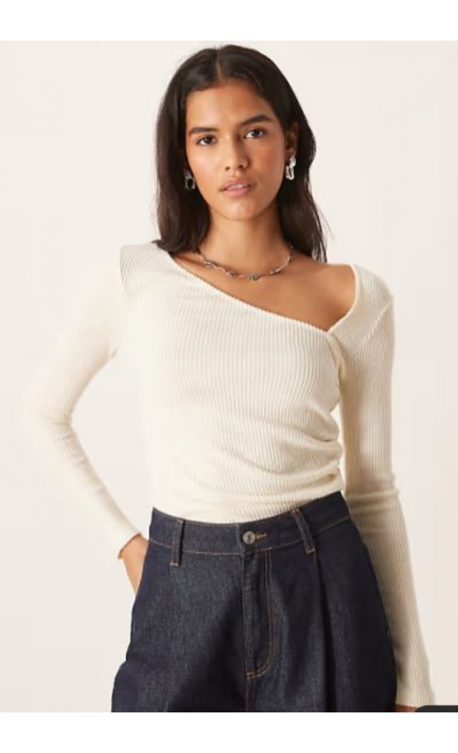 ASOS DESIGN Supersoft asymmetric neck waist detail long sleeve top in white