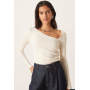 ASOS DESIGN Supersoft asymmetric neck waist detail long sleeve top in white