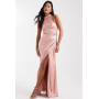 TFNC Petite Bridesmaid satin halter neck wrap skirt maxi dress in pink