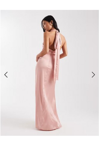 TFNC Petite Bridesmaid satin halter neck wrap skirt maxi dress in pink