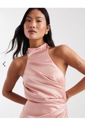 TFNC Petite Bridesmaid satin halter neck wrap skirt maxi dress in pink