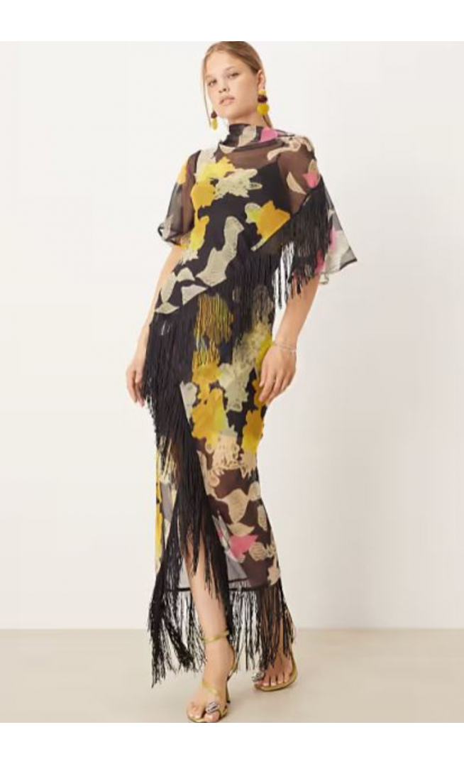 ASOS DESIGN chiffon fringe detail maxi dress in dark based print