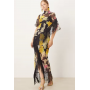 ASOS DESIGN chiffon fringe detail maxi dress in dark based print