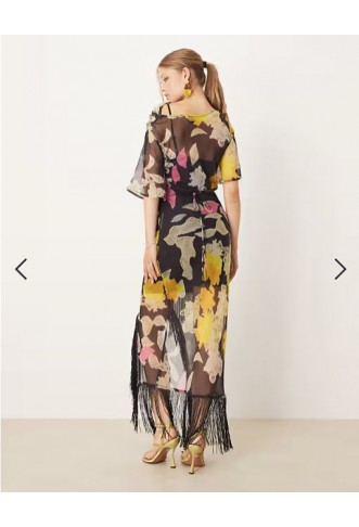 ASOS DESIGN chiffon fringe detail maxi dress in dark based print