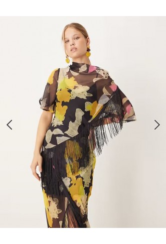 ASOS DESIGN chiffon fringe detail maxi dress in dark based print