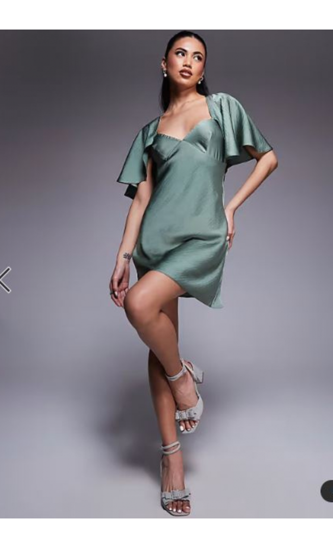 ASOS DESIGN cape flutter detail mini satin dress in mint