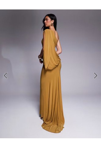 ASOS DESIGN Premium asymmetric one sleeve maxi dress with draped back in bronze