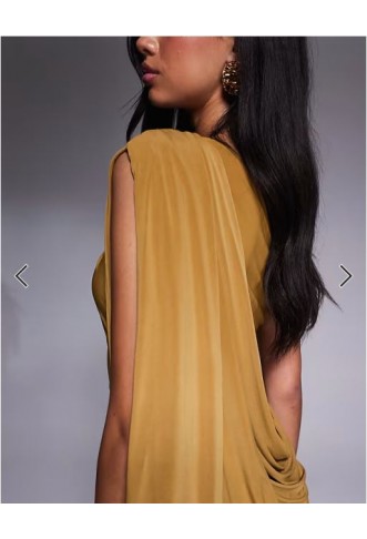 ASOS DESIGN Premium asymmetric one sleeve maxi dress with draped back in bronze
