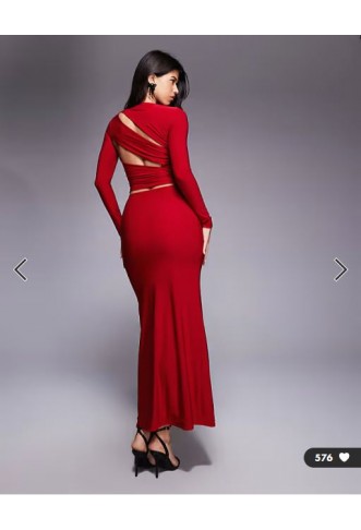 Kaiia exclusive double layered slinky cut out back detail long sleeve maxi dress in cherry red