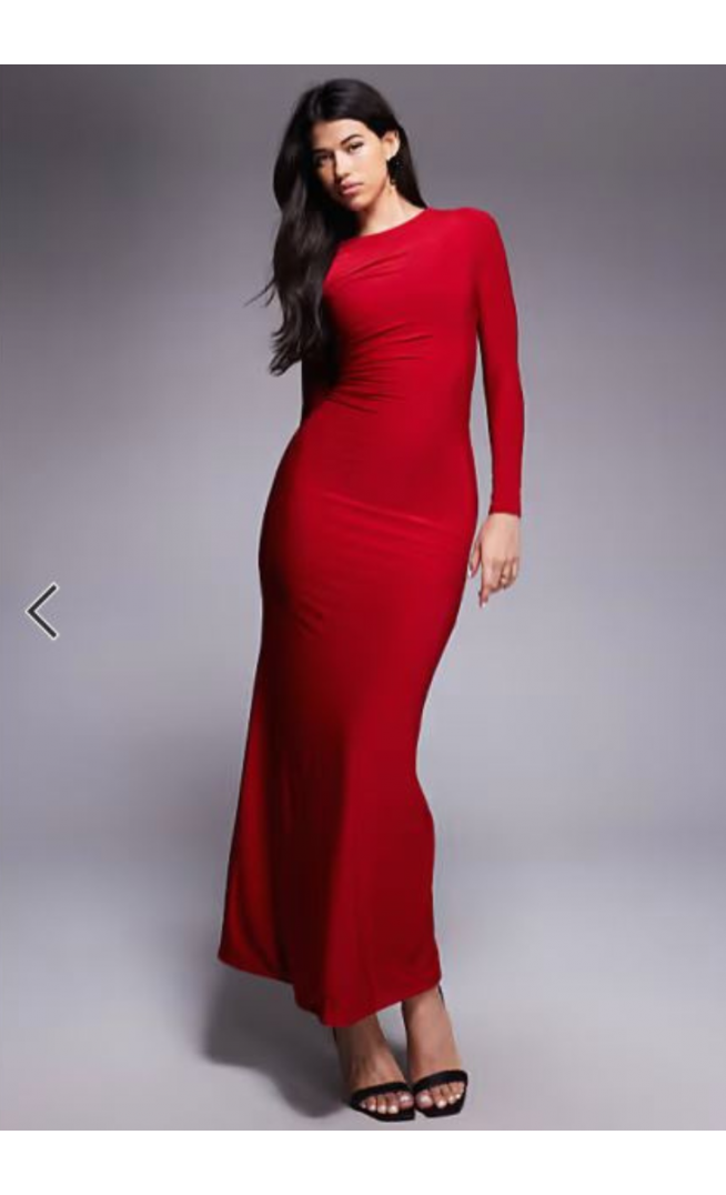 Kaiia exclusive double layered slinky cut out back detail long sleeve maxi dress in cherry red