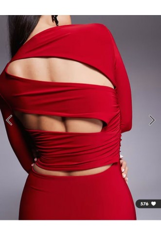 Kaiia exclusive double layered slinky cut out back detail long sleeve maxi dress in cherry red