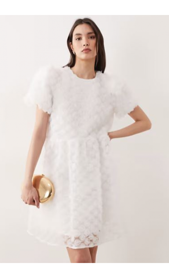YAS 3D textured rose mini smock dress in gardenia white
