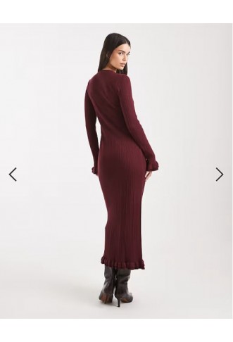 ASOS DESIGN ribbed maxi frill sleeve knitted dress in burgundy
