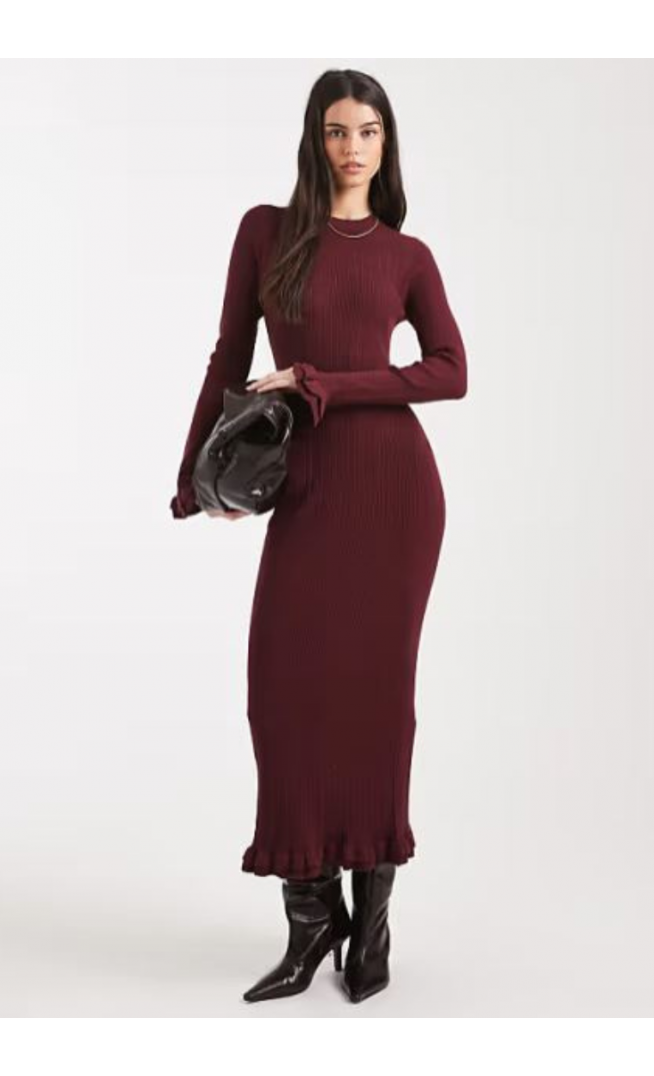 ASOS DESIGN ribbed maxi frill sleeve knitted dress in burgundy