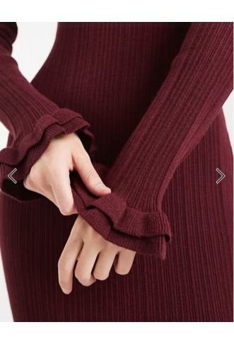 ASOS DESIGN ribbed maxi frill sleeve knitted dress in burgundy