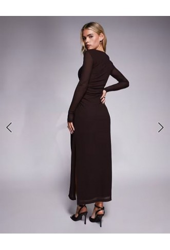 Forever New Petite ruched long sleeve mesh maxi dress in brown