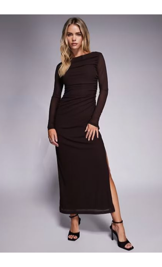 Forever New Petite ruched long sleeve mesh maxi dress in brown
