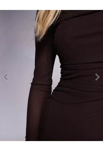 Forever New Petite ruched long sleeve mesh maxi dress in brown